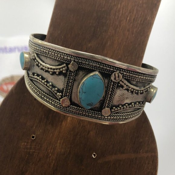 Single Vintage Kuchi Cuff Bracelet: Tribal Turquoise & Lapis Boho Jewelry - Picture 2 of 6